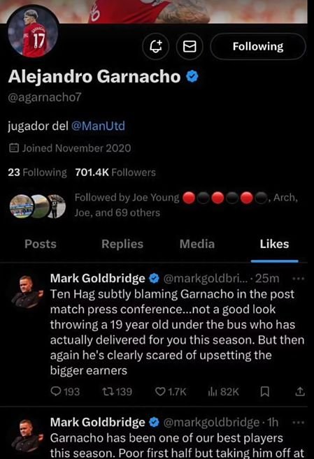 Garnacho liked two posts criticizing Ten Hag